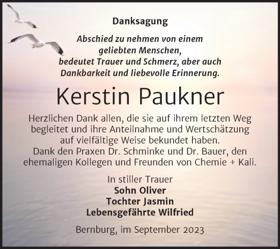 Traueranzeige von Kerstin Paukner von Trauerkombi Bernburg