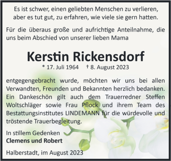 Traueranzeige von Kerstin Rickensdorf von Volksstimme Halberstadt