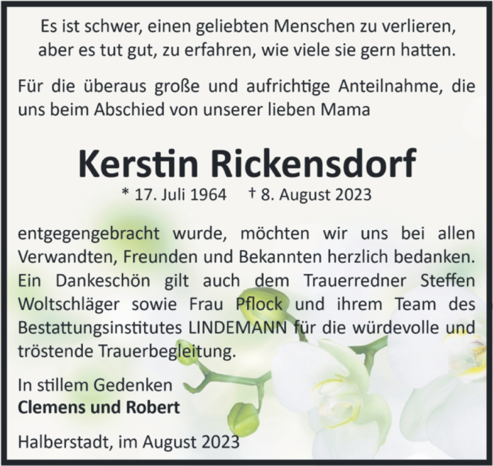  Traueranzeige für Kerstin Rickensdorf vom 02.09.2023 aus Volksstimme Halberstadt