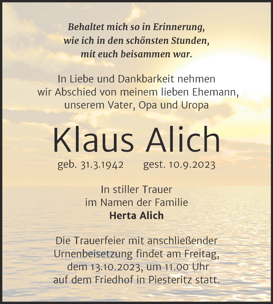  Traueranzeige für Klaus Alich vom 16.09.2023 aus Trauerkombi Wittenberg