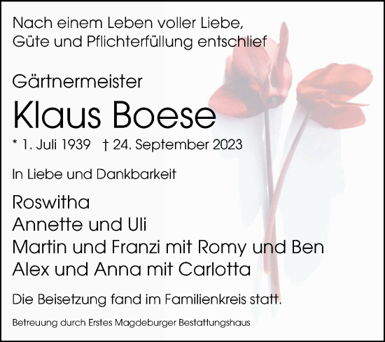 Traueranzeige von Klaus Boese von Volksstimme Magdeburg