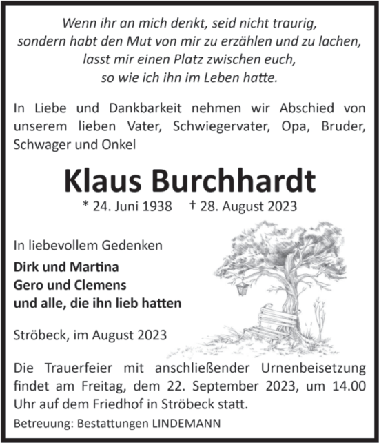 Traueranzeige von Klaus Burchhardt von Volksstimme Halberstadt