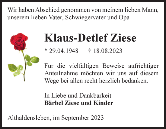 Traueranzeige von Klaus-Detlef Ziese von Volksstimme Haldensleben/Wolmirstedt