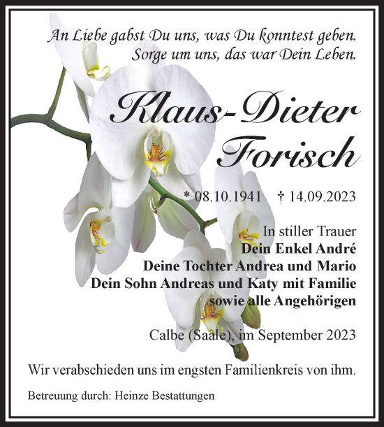 Traueranzeige von Klaus-Dieter Forisch von Volksstimme Schönebeck