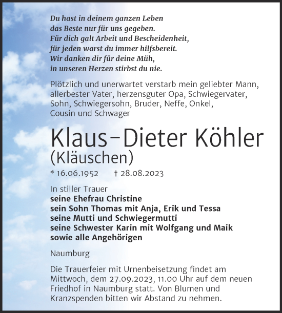 Traueranzeige von Klaus-Dieter Köhler von Wochenspiegel Naumburg/Nebra