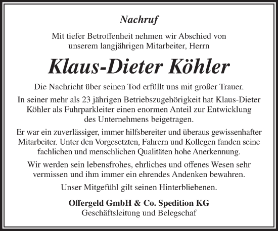 Traueranzeige von Klaus-Dieter Köhler von Naumburger Tageblatt