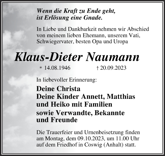 Traueranzeige von Klaus-Dieter Naumann von Trauerkombi Wittenberg