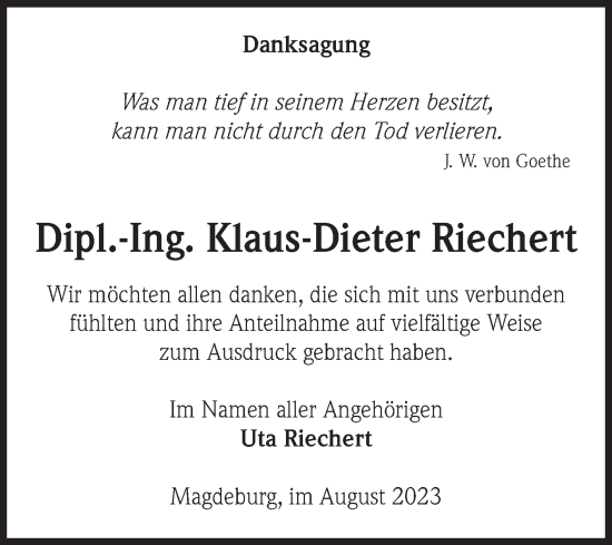 Traueranzeige von Klaus-Dieter Riechert von Volksstimme Magdeburg