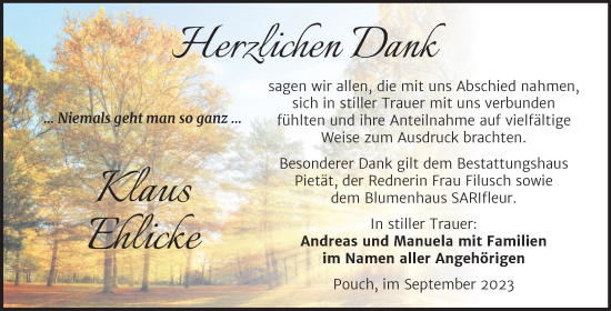 Traueranzeige von Klaus Ehlicke von Trauerkombi Bitterfeld