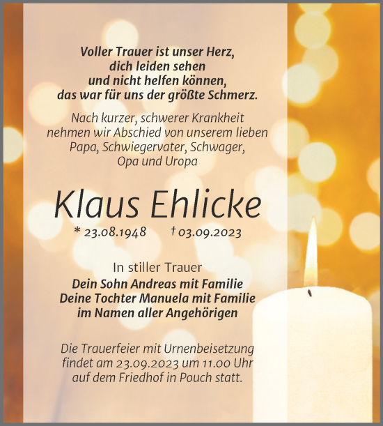 Traueranzeige von Klaus Ehlicke von Trauerkombi Bitterfeld