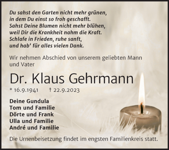 Traueranzeige von Klaus Gehrmann von Trauerkombi Merseburg
