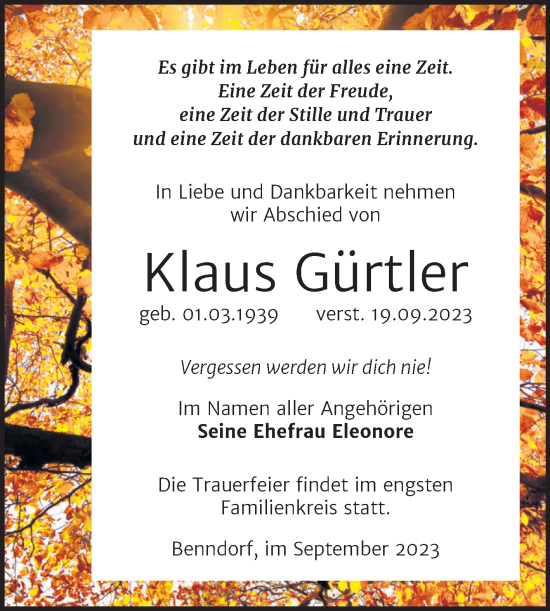 Traueranzeige von Klaus Gürtler von Trauerkombi Mansfelder Land