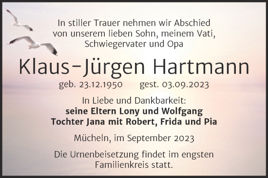 Traueranzeige von Klaus-Jürgen Hartmann von Trauerkombi Merseburg