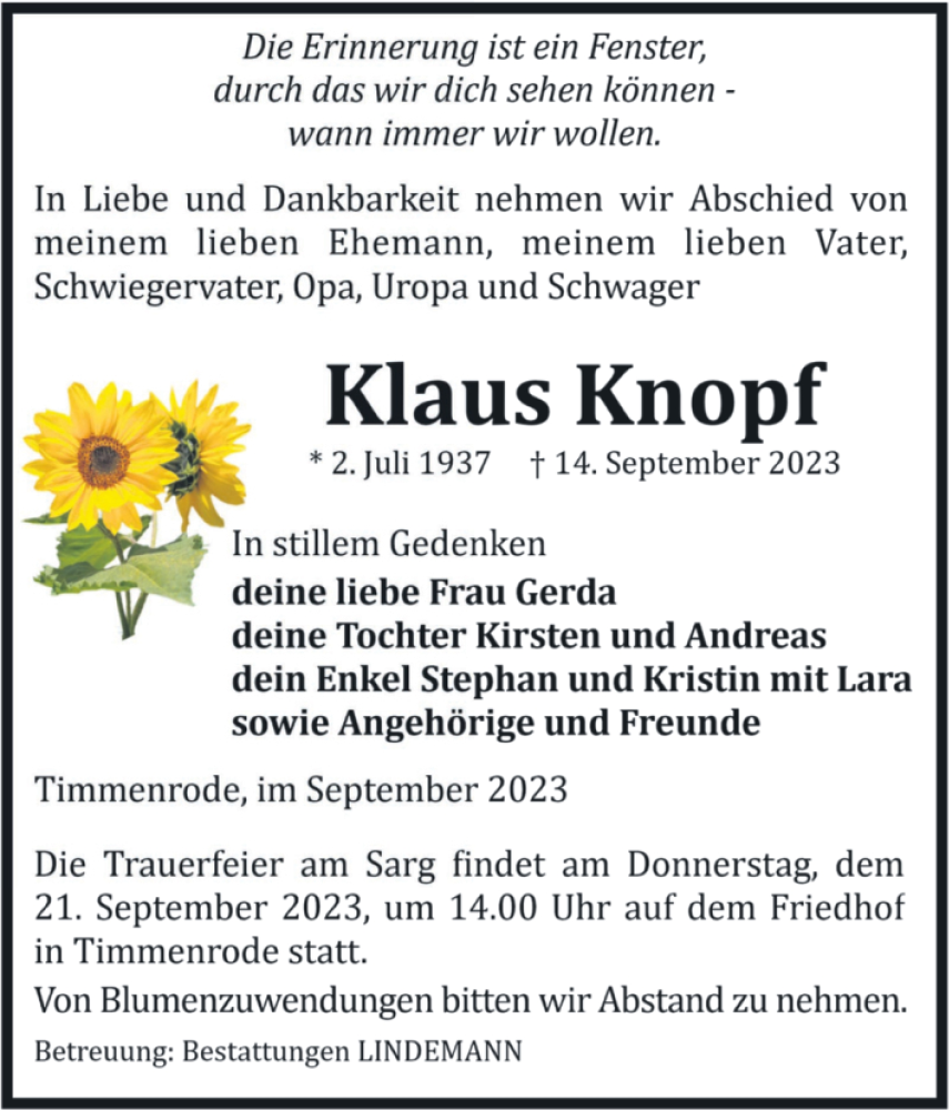  Traueranzeige für Klaus Knopf vom 18.09.2023 aus Volksstimme Wernigerode