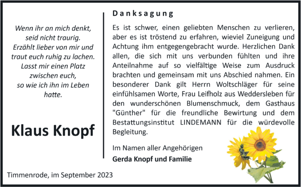  Traueranzeige für Klaus Knopf vom 30.09.2023 aus Volksstimme Wernigerode