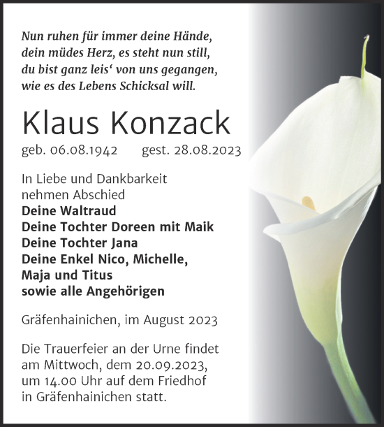 Traueranzeige von Klaus Konzack von Trauerkombi Wittenberg