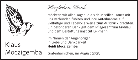 Traueranzeige von Klaus Moczigemba von Trauerkombi Wittenberg