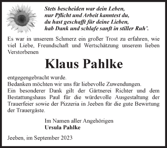Traueranzeige von Klaus Pahlke von Volksstimme Altmark West