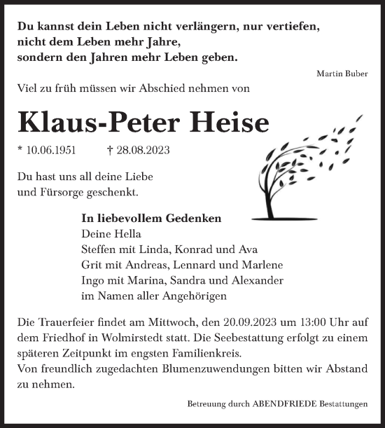 Traueranzeige von Klaus-Peter Heise von Volksstimme Haldensleben/Wolmirstedt