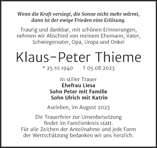 Traueranzeige von Klaus-Peter Thieme von Mitteldeutsche Zeitung Mansfelder Land