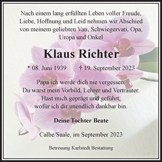 Traueranzeige von Klaus Richter von Volksstimme Schönebeck