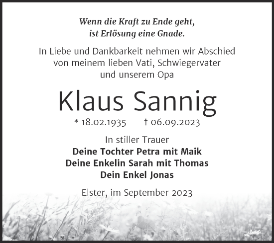 Traueranzeige von Klaus Sannig von Trauerkombi Wittenberg