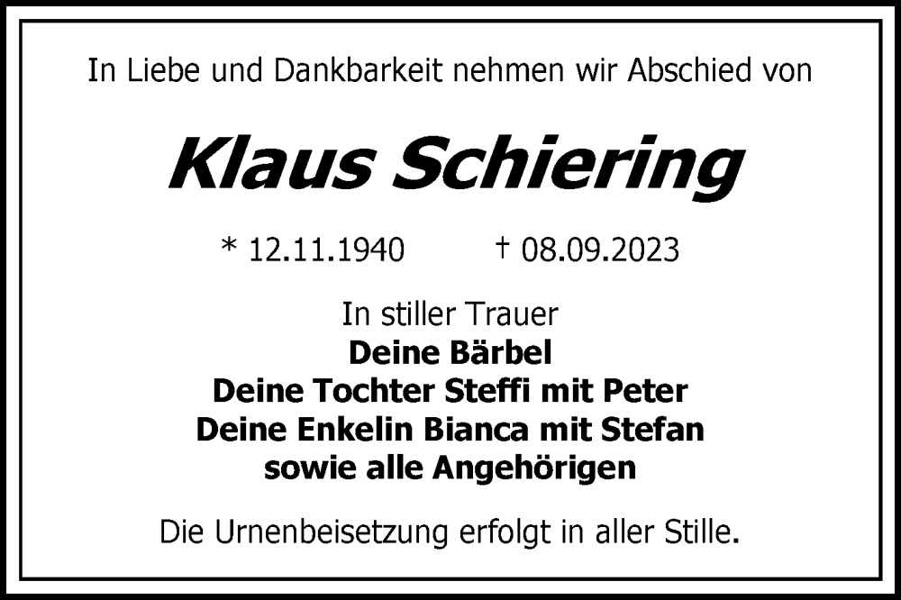  Traueranzeige für Klaus Schiering vom 16.09.2023 aus Trauerkombi Bitterfeld