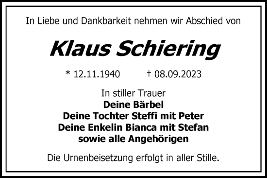 Traueranzeige von Klaus Schiering von Trauerkombi Bitterfeld