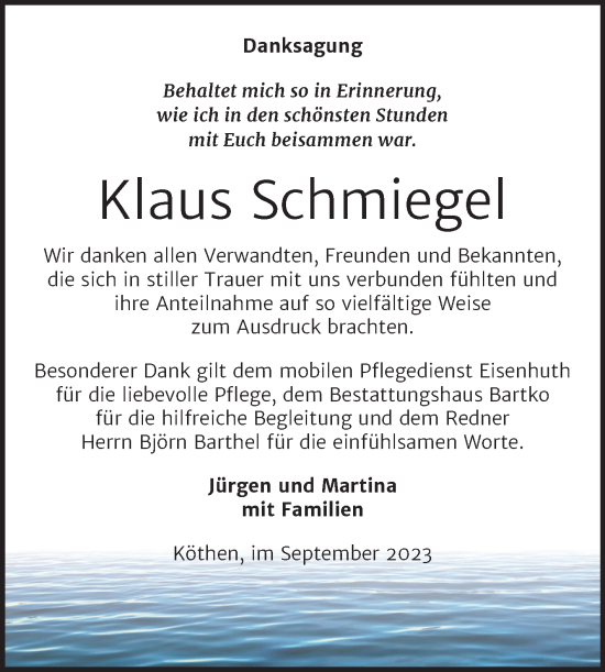 Traueranzeige von Klaus Schmiegel von Trauerkombi Köthen