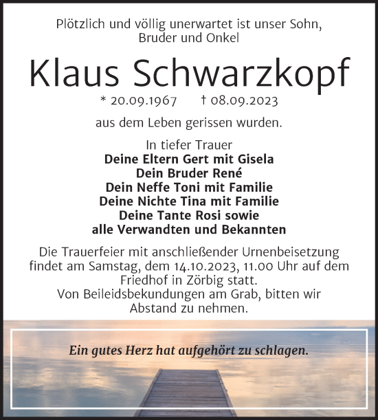 Traueranzeige von Klaus Schwarzkopf von Trauerkombi Bitterfeld