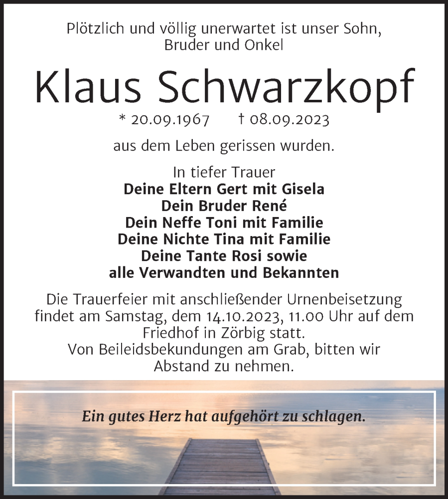  Traueranzeige für Klaus Schwarzkopf vom 23.09.2023 aus Trauerkombi Bitterfeld