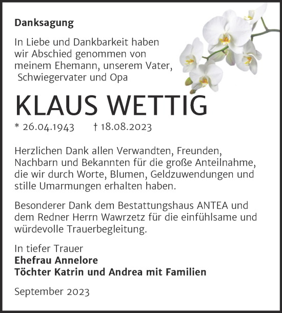 Traueranzeige von Klaus Wettig von Trauerkombi Zeitz