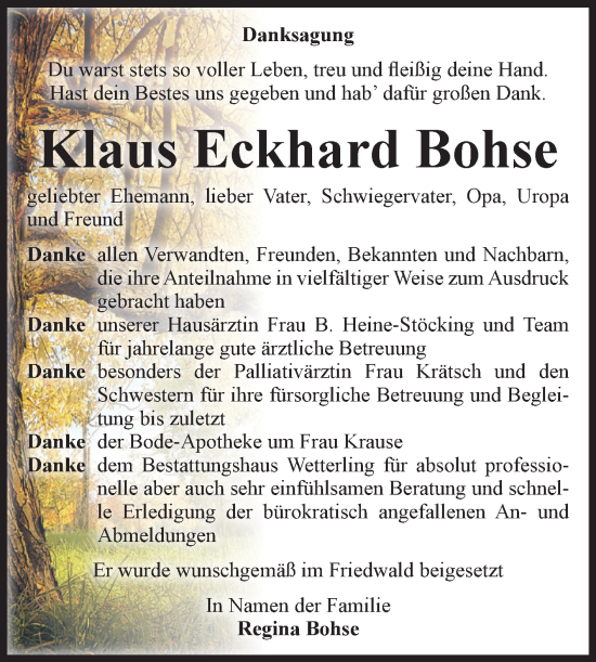 Traueranzeige von Klaus Eckhard Bohse von Volksstimme Staßfurt