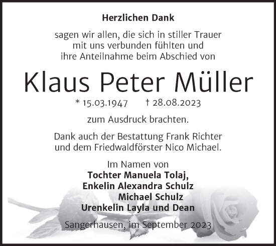 Traueranzeige von Klaus Peter Müller von Trauerkombi Sangerhausen