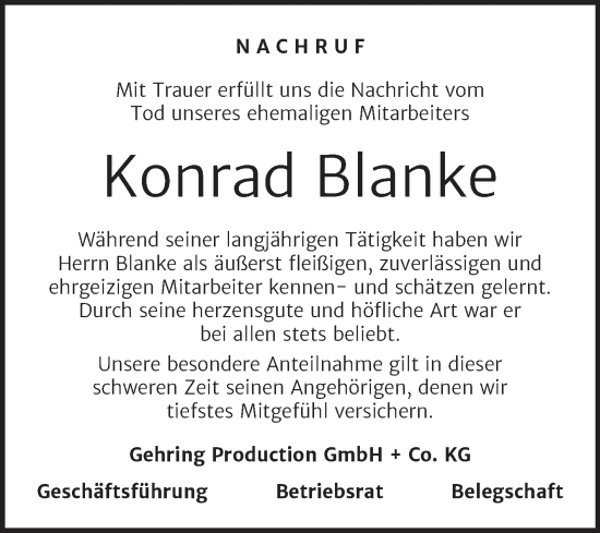 Traueranzeige von Konrad Blanke von Wochenspiegel Naumburg/Nebra