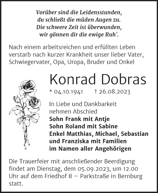 Traueranzeige von Konrad Dobras von Trauerkombi Bernburg