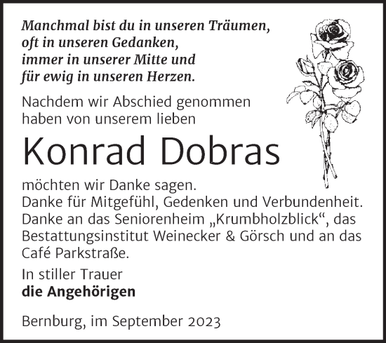 Traueranzeige von Konrad Dobras von Trauerkombi Bernburg