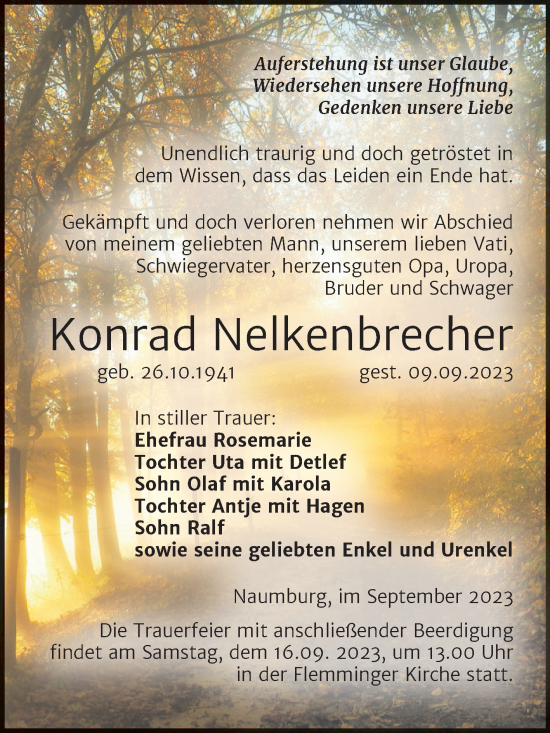 Traueranzeige von Konrad Nelkenbrecher von Naumburger Tageblatt