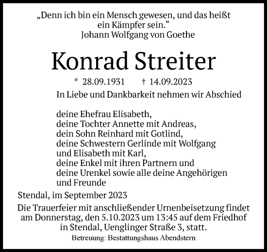 Traueranzeige von Konrad Streiter von Volksstimme Altmark Ost