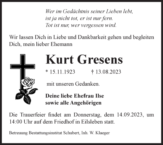 Traueranzeige von Kurt Gresens von Volksstimme Oschersleben/Wanzleben