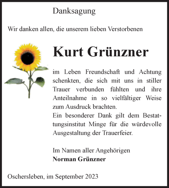 Traueranzeige von Kurt Grünzner von Volksstimme Oschersleben/Wanzleben