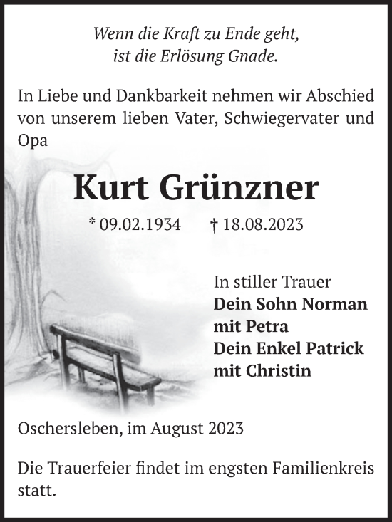 Traueranzeige von Kurt Grünzner von Volksstimme Oschersleben/Wanzleben