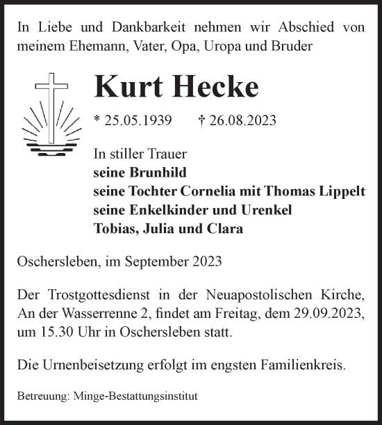 Traueranzeige von Kurt Hecke von Volksstimme Oschersleben/Wanzleben