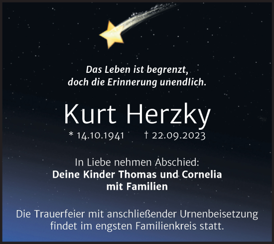 Traueranzeige von Kurt Herzky von Trauerkombi Quedlinburg