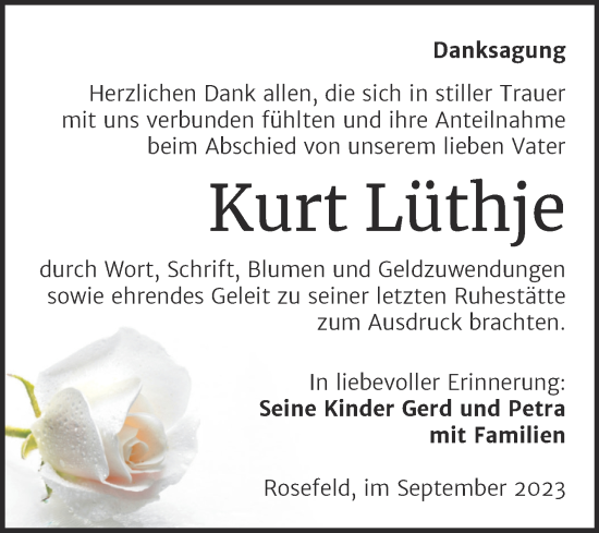 Traueranzeige von Kurt Lüthje von Trauerkombi Köthen