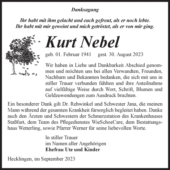 Traueranzeige von Kurt Nebel von Volksstimme Staßfurt
