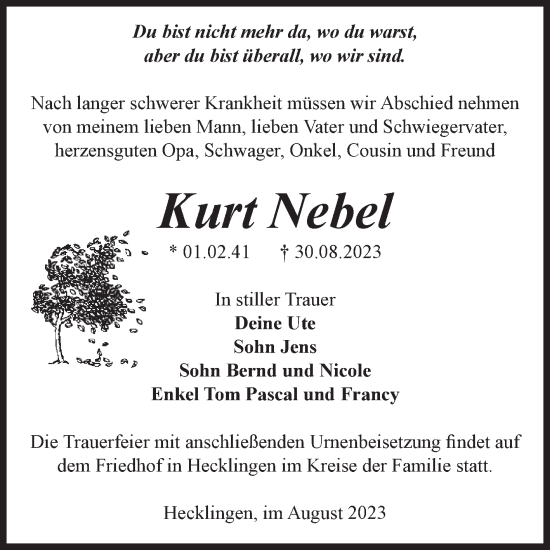 Traueranzeige von Kurt Nebel von Volksstimme Staßfurt