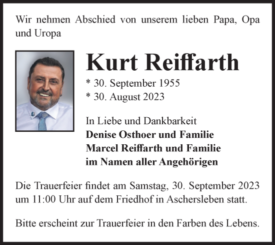 Traueranzeige von Kurt Reiffarth von Trauerkombi Aschersleben