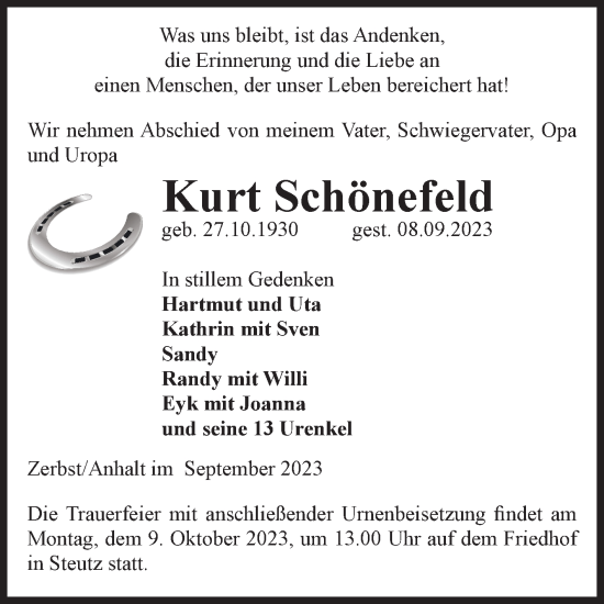 Traueranzeige von Kurt Schönefeld von Volksstimme Zerbst