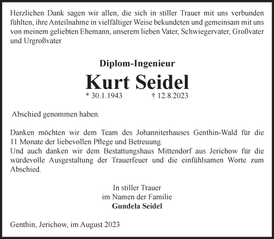 Traueranzeige von Kurt Seidel von Volksstimme Burg/Genthin